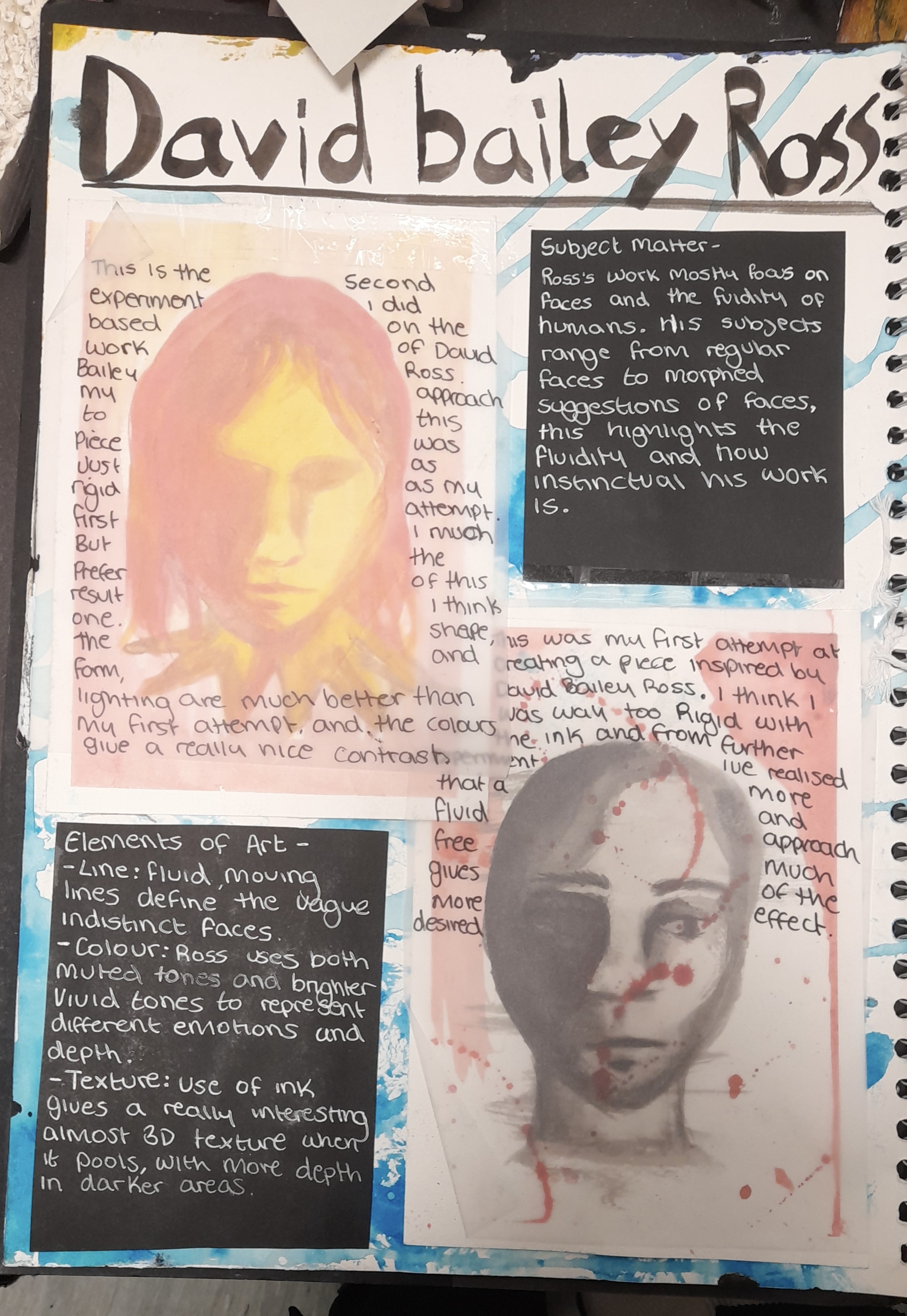 This is another sketchbook workshop inspired by David Bailey Ross, I have a semi analysis of his works along with my own attempts at working in his style.