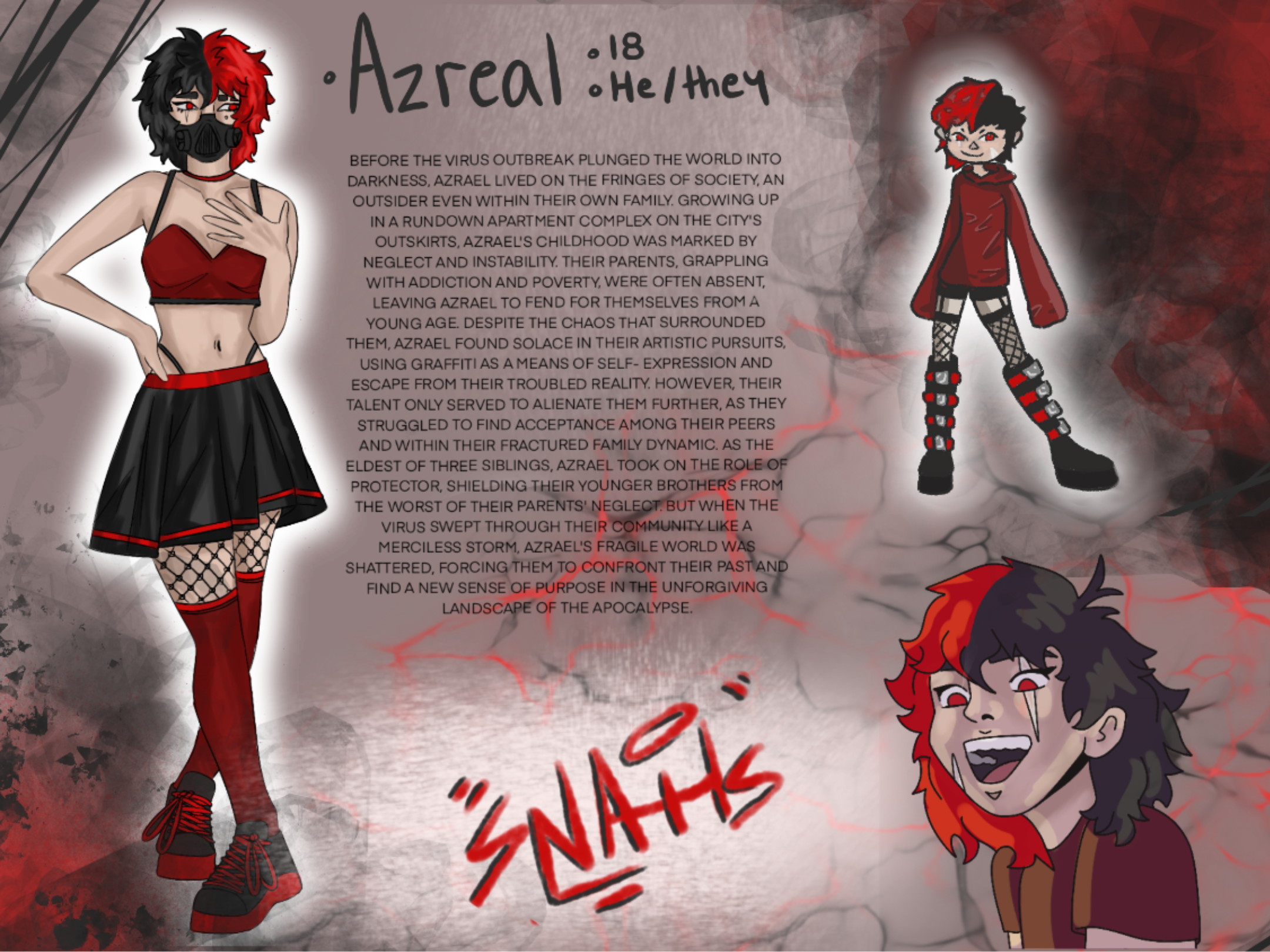 These 8 character design sheets were for a project titles 'People, Places and Time', this is Azreal. These characters all live within the same dystopian future where they learned to survive together.