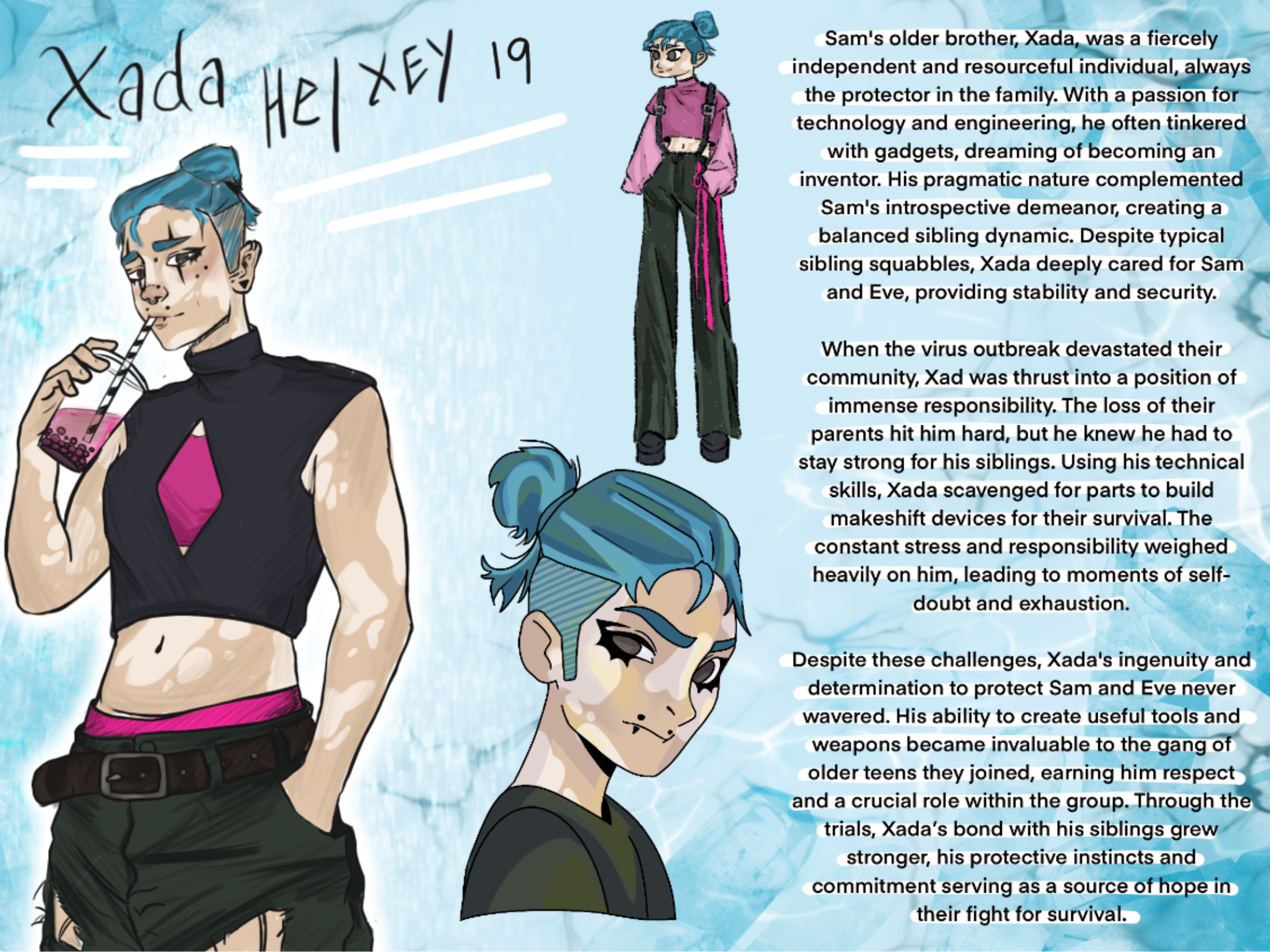These 8 character design sheets were for a project titles 'People, Places and Time', this is Xada. These characters all live within the same dystopian future where they learned to survive together.