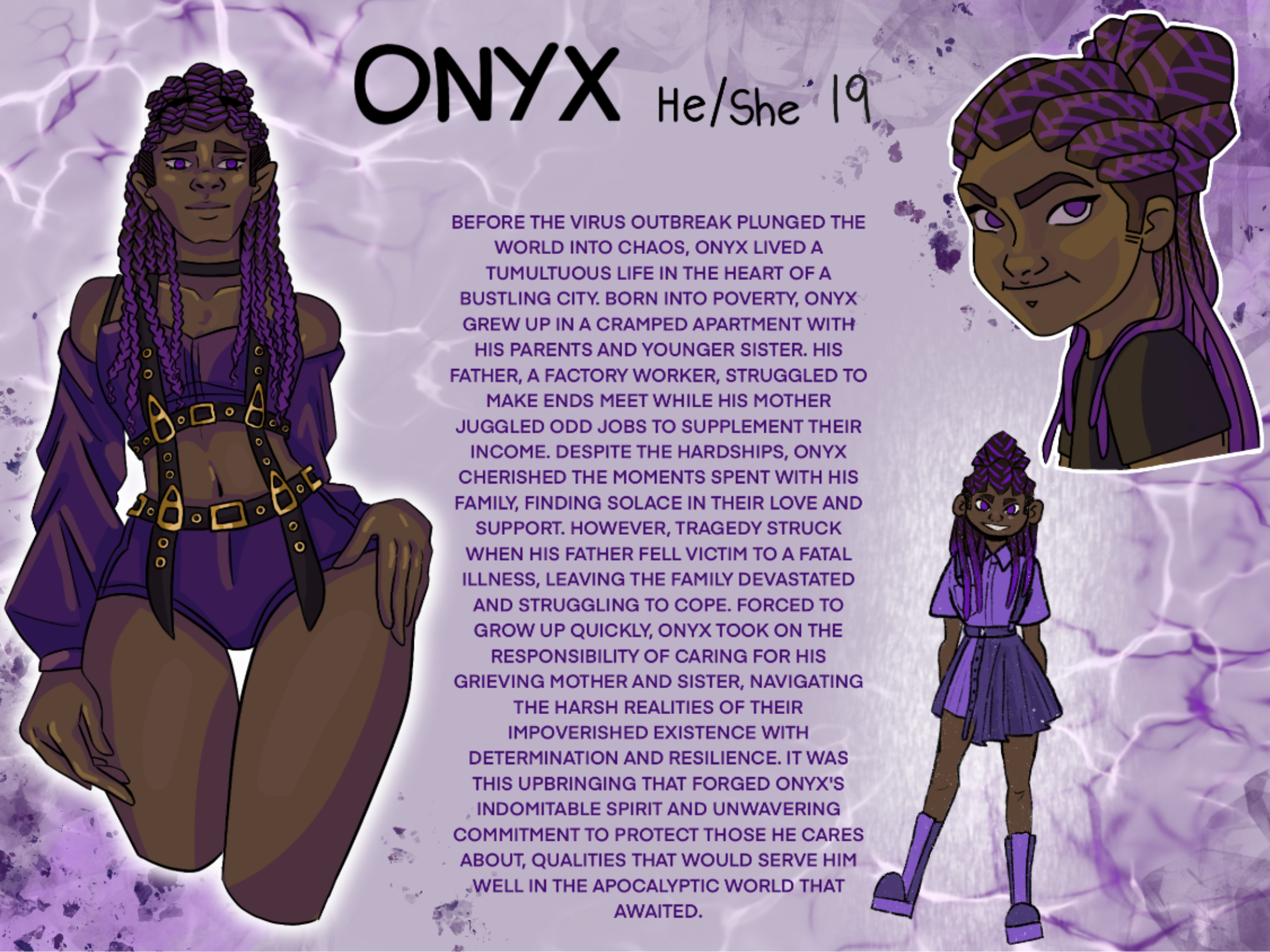 These 8 character design sheets were for a project titles 'People, Places and Time', this is Onyx. These characters all live within the same dystopian future where they learned to survive together.