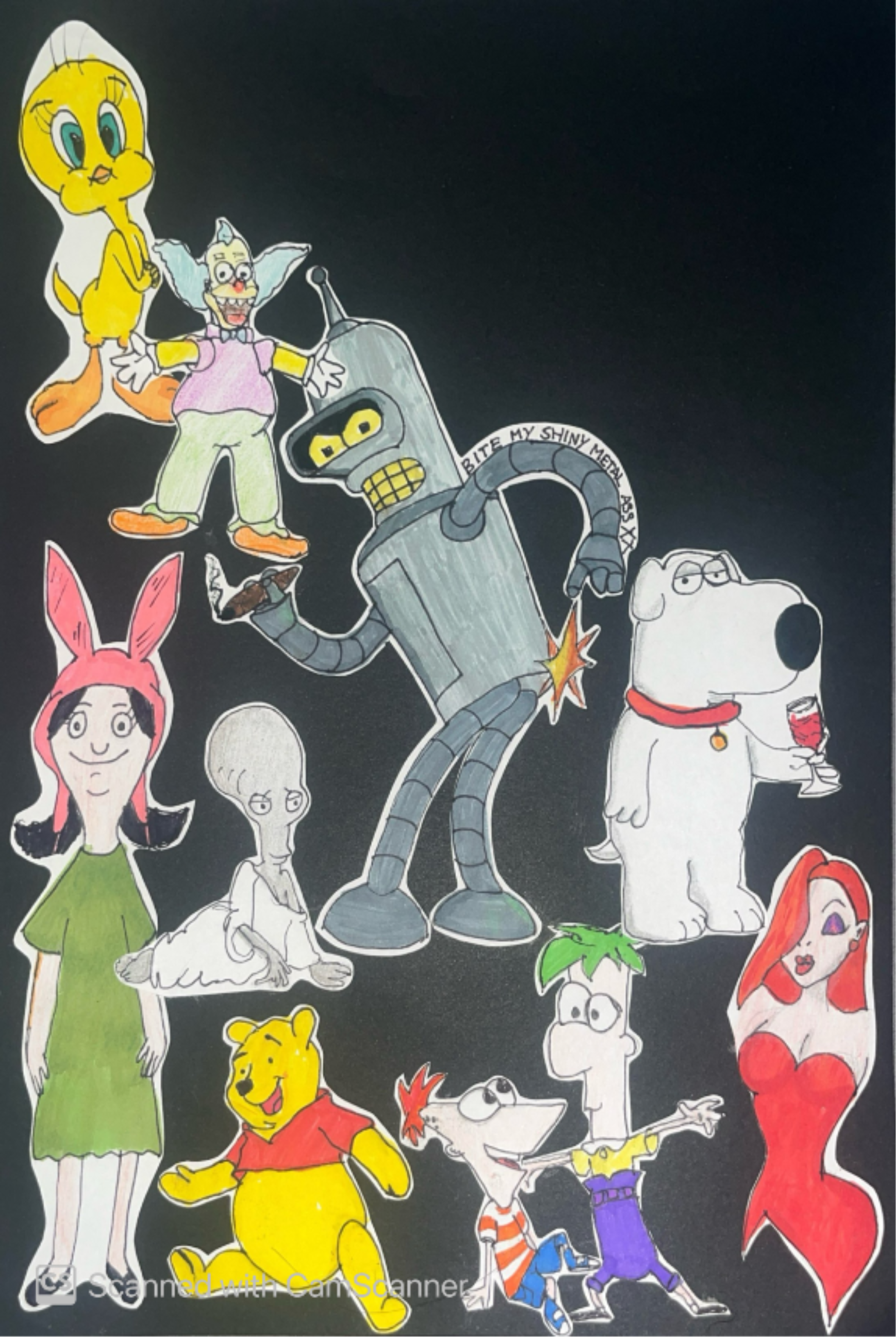 Fineliners, Graphite Pencil, coloured pens, coloured pencils - Animation page so far from my portfolio. I would like to reattempt some of the characters on this page